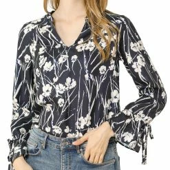 Women Allegra K V-Neck Bell Long Sleeves Floral Printed Blouse 46 Women Allegra K V-Neck Bell Long Sleeves Floral Printed Blouse