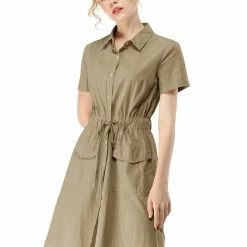 Allegra K Button Up Elastic Waist Dress With Pocket