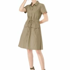 Allegra K Button Up Elastic Waist Dress With Pocket