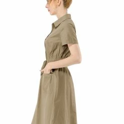 Allegra K Button Up Elastic Waist Dress With Pocket