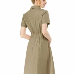 Allegra K Button Up Elastic Waist Dress With Pocket