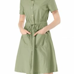 Allegra K Button Up Elastic Waist Dress With Pocket