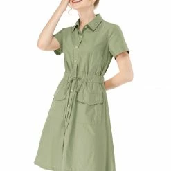 Allegra K Button Up Elastic Waist Dress With Pocket