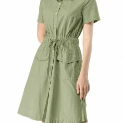 Allegra K Button Up Elastic Waist Dress With Pocket