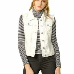 Allegra K Women Turn Down Collar Button Closure Denim Washed Vest