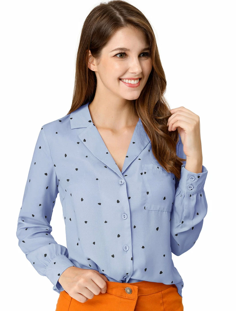 Allegra K Women's Heart Polka Dots Button Up Notched Lapel V Neck Shirt Tops 35 Allegra K Women's Heart Polka Dots Button Up Notched Lapel V Neck Shirt Tops