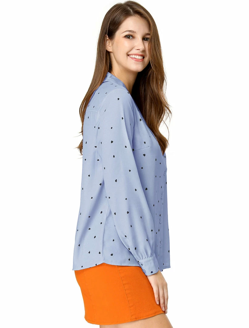 Allegra K Women's Heart Polka Dots Button Up Notched Lapel V Neck Shirt Tops 37 Allegra K Women's Heart Polka Dots Button Up Notched Lapel V Neck Shirt Tops