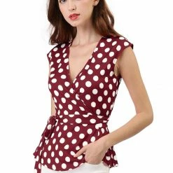 Allegra K V Neck Sleeveless Self Tie Wrap Front Dotted Top