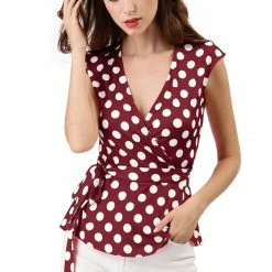 Allegra K V Neck Sleeveless Self Tie Wrap Front Dotted Top