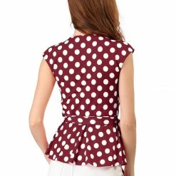 Allegra K V Neck Sleeveless Self Tie Wrap Front Dotted Top