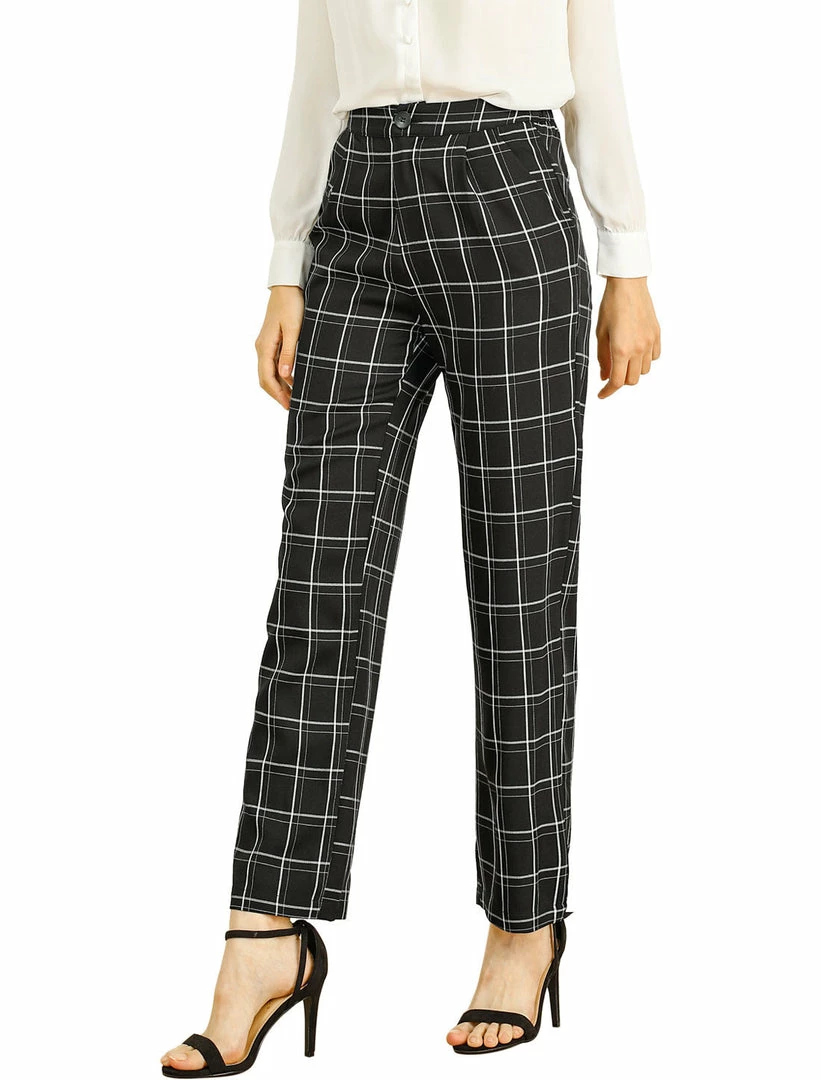 Allegra K Women's Plaid Trousers Pockets Straight Leg Pants 29 Allegra K Women's Plaid Trousers Pockets Straight Leg Pants