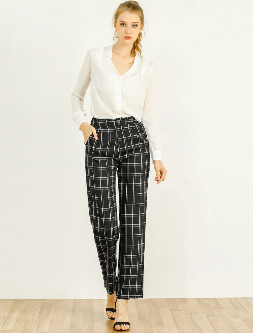 Allegra K Women's Plaid Trousers Pockets Straight Leg Pants 30 Allegra K Women's Plaid Trousers Pockets Straight Leg Pants