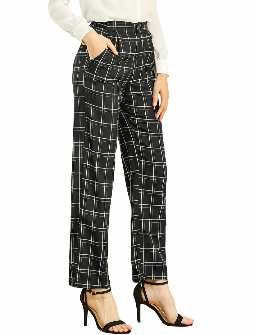 Allegra K Women's Plaid Trousers Pockets Straight Leg Pants 28 Allegra K Women's Plaid Trousers Pockets Straight Leg Pants