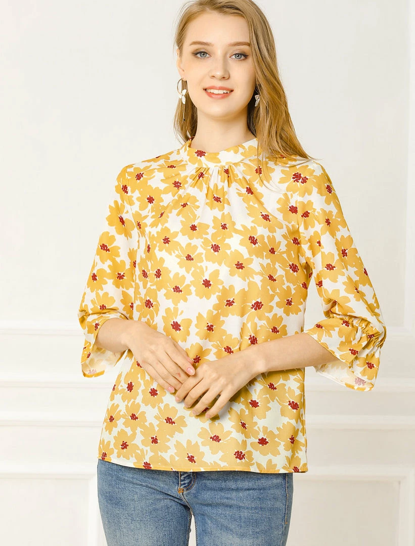 Allegra K Women's Ruffle 3/4 Sleeves Pleated Stand Collar Tie Keyhole Back Floral Printed Blouse Top 11 Allegra K Women's Ruffle 3/4 Sleeves Pleated Stand Collar Tie Keyhole Back Floral Printed Blouse Top