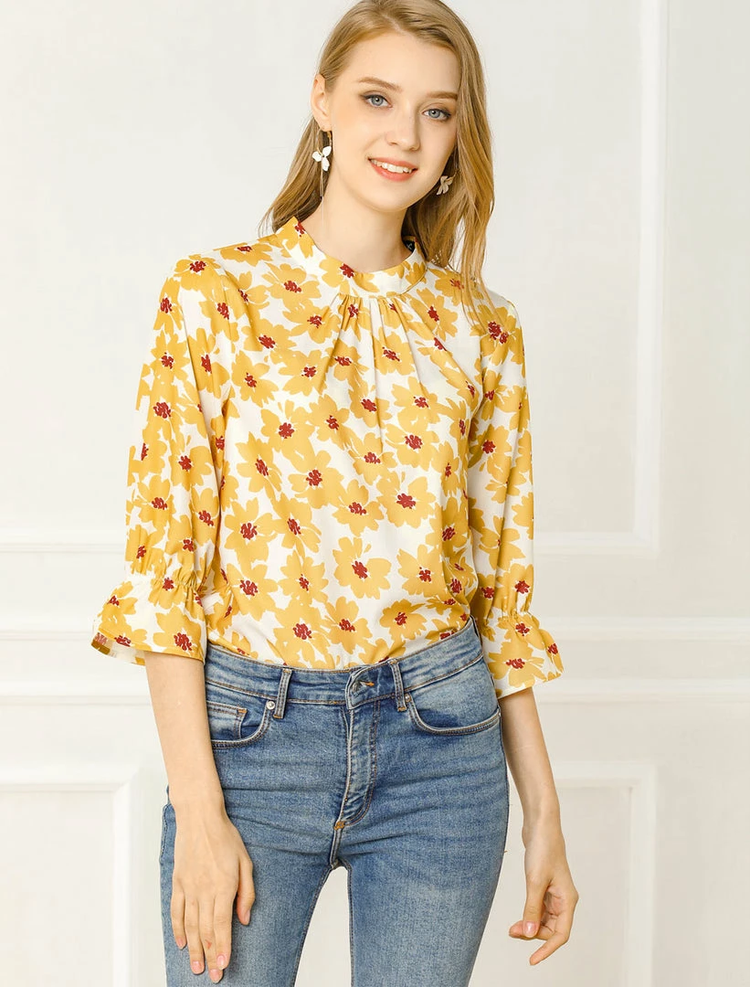 Allegra K Women's Ruffle 3/4 Sleeves Pleated Stand Collar Tie Keyhole Back Floral Printed Blouse Top 12 Allegra K Women's Ruffle 3/4 Sleeves Pleated Stand Collar Tie Keyhole Back Floral Printed Blouse Top