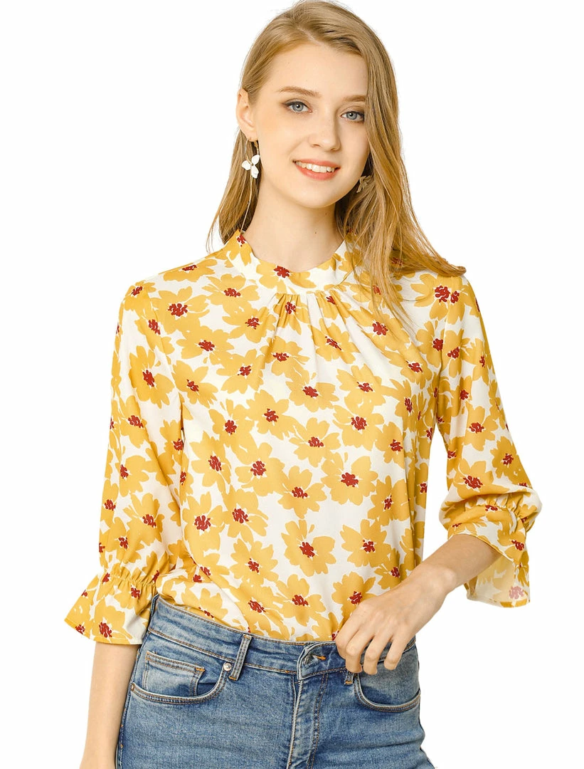 Allegra K Women's Ruffle 3/4 Sleeves Pleated Stand Collar Tie Keyhole Back Floral Printed Blouse Top 10 Allegra K Women's Ruffle 3/4 Sleeves Pleated Stand Collar Tie Keyhole Back Floral Printed Blouse Top