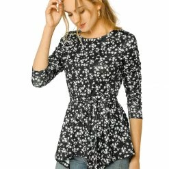 Allegra K]Waist Tie Peplum Top In Floral Print Women