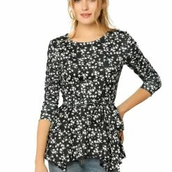 Allegra K]Waist Tie Peplum Top In Floral Print Women