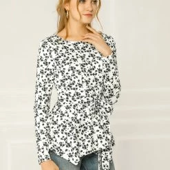 Allegra K]Waist Tie Peplum Top In Floral Print Women