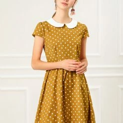 Allegra K Peter Pan Collar Contrast Polka Dot Dress Women