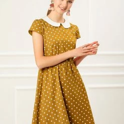 Allegra K Peter Pan Collar Contrast Polka Dot Dress Women