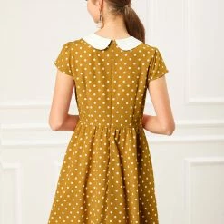Allegra K Peter Pan Collar Contrast Polka Dot Dress Women