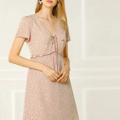 Allegra K Floral Bow Tie V Neck Shorts Sleeves Ruffle Dress Women