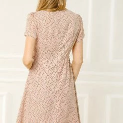 Allegra K Floral Bow Tie V Neck Shorts Sleeves Ruffle Dress Women