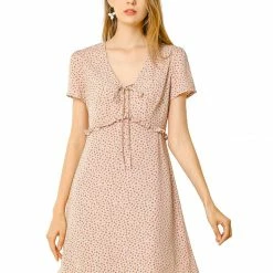 Allegra K Floral Bow Tie V Neck Shorts Sleeves Ruffle Dress Women
