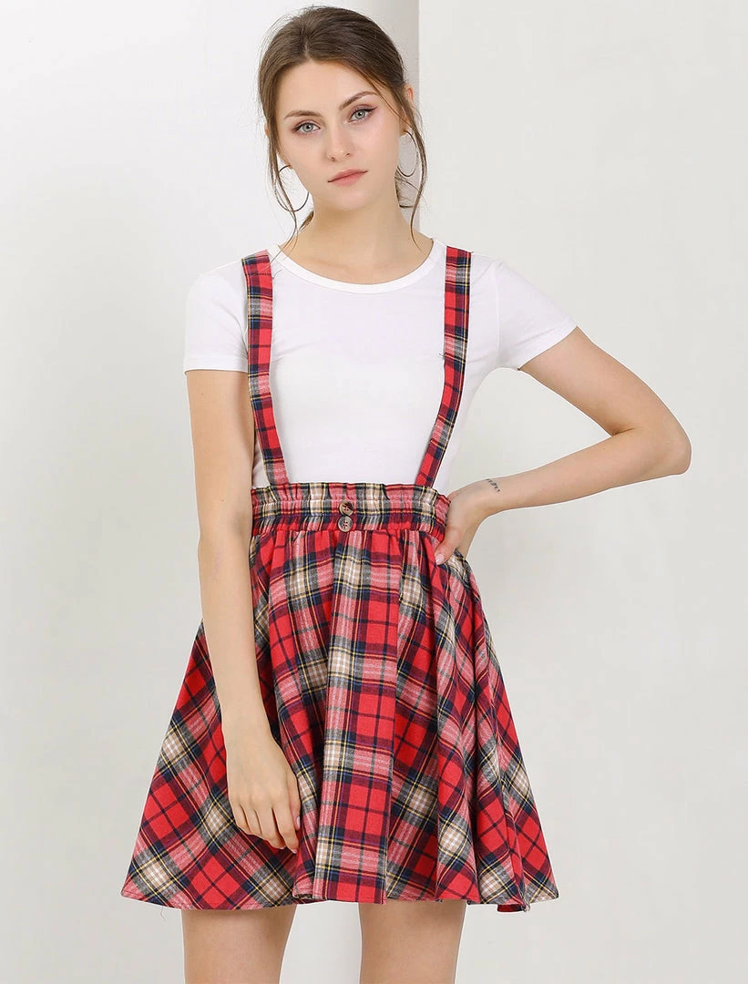 Allegra K Women's Tartan Plaid Button Decor Flare Skater Suspender Skirt 22 Allegra K Women's Tartan Plaid Button Decor Flare Skater Suspender Skirt