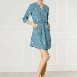 Allegra K Women's Button Down Floral Print V Neck 3/4 Sleeves Vintage Shirt Dress