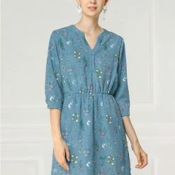Allegra K Women's Button Down Floral Print V Neck 3/4 Sleeves Vintage Shirt Dress
