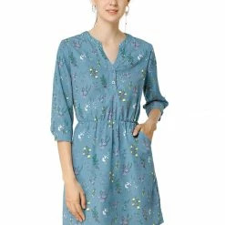 Allegra K Women's Button Down Floral Print V Neck 3/4 Sleeves Vintage Shirt Dress
