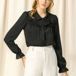 Women Allegra K Button Down Long Sleeve Elastic Cuff Ruffle Detail Blouse