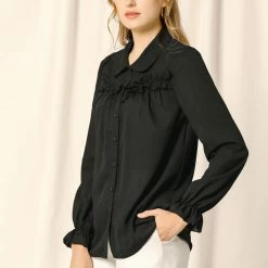 Women Allegra K Button Down Long Sleeve Elastic Cuff Ruffle Detail Blouse