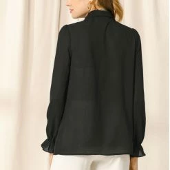 Women Allegra K Button Down Long Sleeve Elastic Cuff Ruffle Detail Blouse