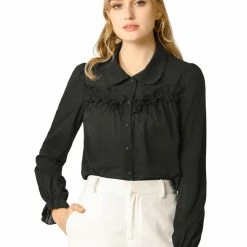 Women Allegra K Button Down Long Sleeve Elastic Cuff Ruffle Detail Blouse