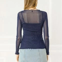 Allegra K Long Sleeve Ruffles Mesh Tops With Spaghetti Strap Camisole