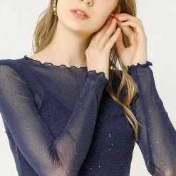 Allegra K Long Sleeve Ruffles Mesh Tops With Spaghetti Strap Camisole