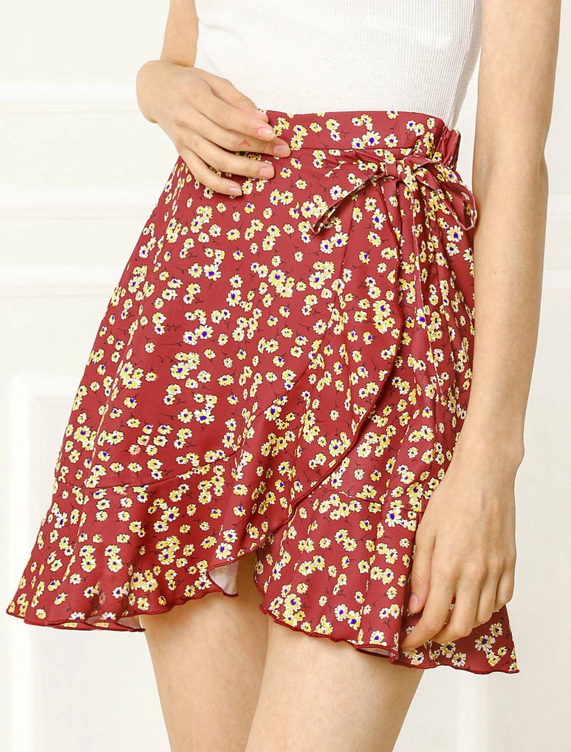 Allegra K Women's Ditsy Floral Print Faux Wrap High Waist Elastic Back Ruffle Hem A-Line Mini Short Skirts 10 Allegra K Women's Ditsy Floral Print Faux Wrap High Waist Elastic Back Ruffle Hem A-Line Mini Short Skirts