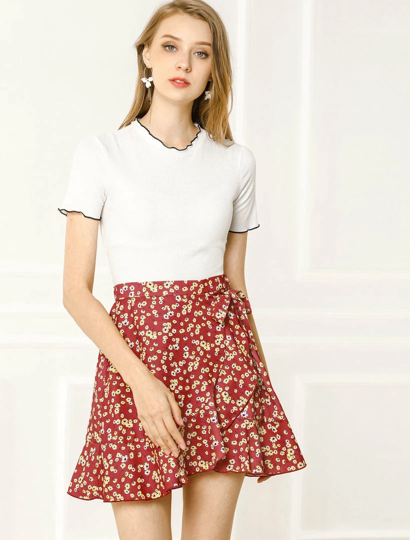Allegra K Women's Ditsy Floral Print Faux Wrap High Waist Elastic Back Ruffle Hem A-Line Mini Short Skirts 11 Allegra K Women's Ditsy Floral Print Faux Wrap High Waist Elastic Back Ruffle Hem A-Line Mini Short Skirts