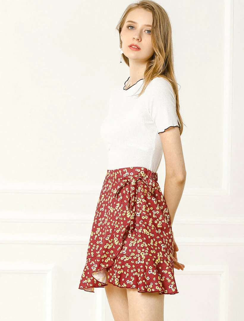 Allegra K Women's Ditsy Floral Print Faux Wrap High Waist Elastic Back Ruffle Hem A-Line Mini Short Skirts 12 Allegra K Women's Ditsy Floral Print Faux Wrap High Waist Elastic Back Ruffle Hem A-Line Mini Short Skirts