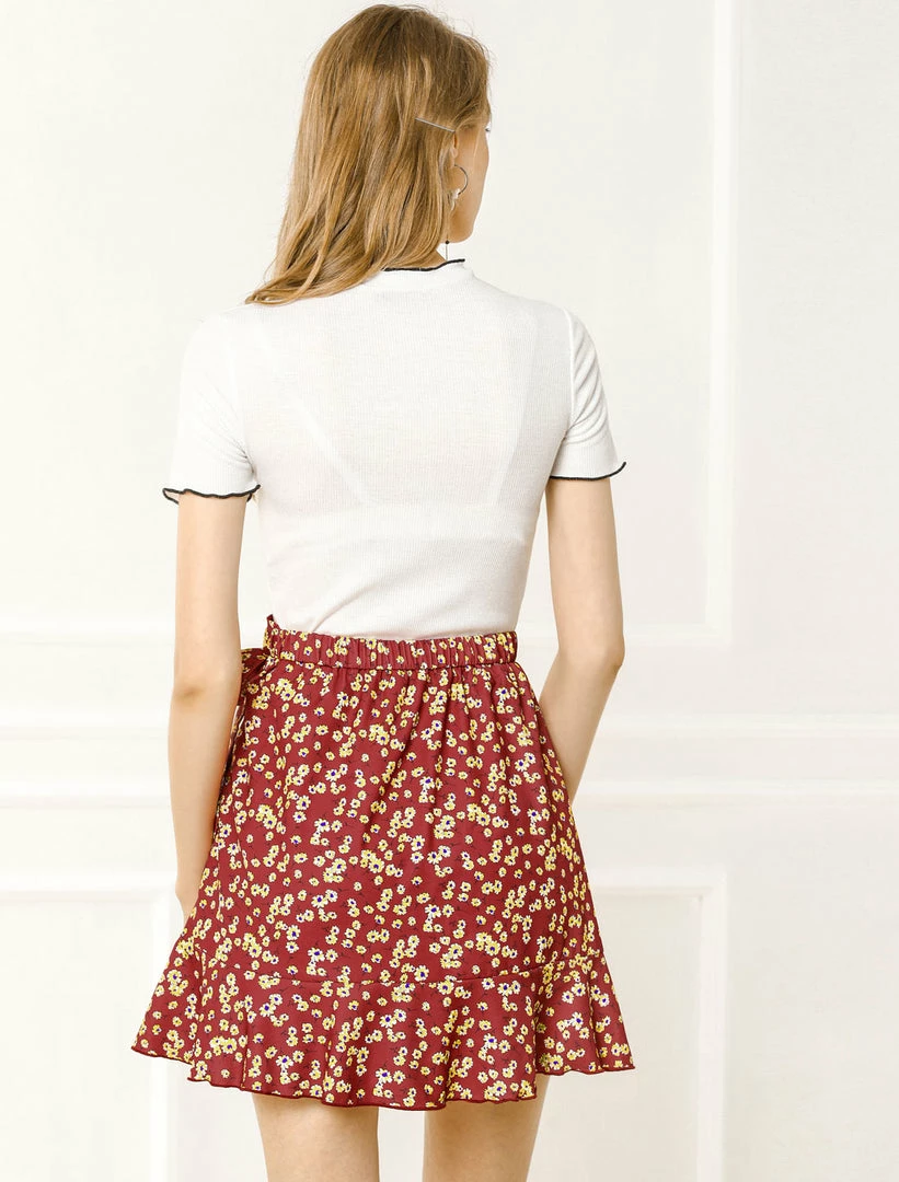 Allegra K Women's Ditsy Floral Print Faux Wrap High Waist Elastic Back Ruffle Hem A-Line Mini Short Skirts 13 Allegra K Women's Ditsy Floral Print Faux Wrap High Waist Elastic Back Ruffle Hem A-Line Mini Short Skirts