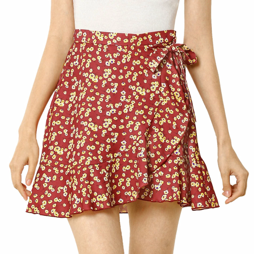 Allegra K Women's Ditsy Floral Print Faux Wrap High Waist Elastic Back Ruffle Hem A-Line Mini Short Skirts 9 Allegra K Women's Ditsy Floral Print Faux Wrap High Waist Elastic Back Ruffle Hem A-Line Mini Short Skirts