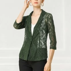 Allegra K Notched Lapel Sheer Lace Blazer With 3/4 Sleeves Women