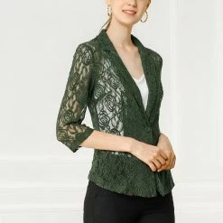 Allegra K Notched Lapel Sheer Lace Blazer With 3/4 Sleeves Women