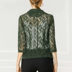 Allegra K Notched Lapel Sheer Lace Blazer With 3/4 Sleeves Women