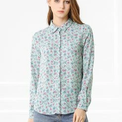 Allegra K Long Sleeve Button Down Ditsy Floral Shirt Women