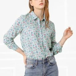 Allegra K Long Sleeve Button Down Ditsy Floral Shirt Women
