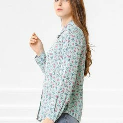 Allegra K Long Sleeve Button Down Ditsy Floral Shirt Women